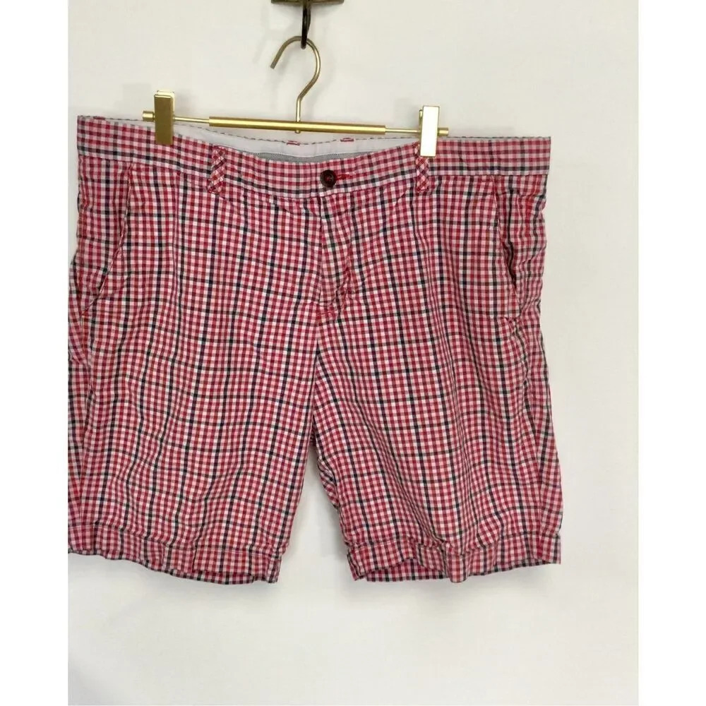 Ben Sherman Heritage Mens Red Navy Plaid Flat Front Cotton Chino Shorts Size 38